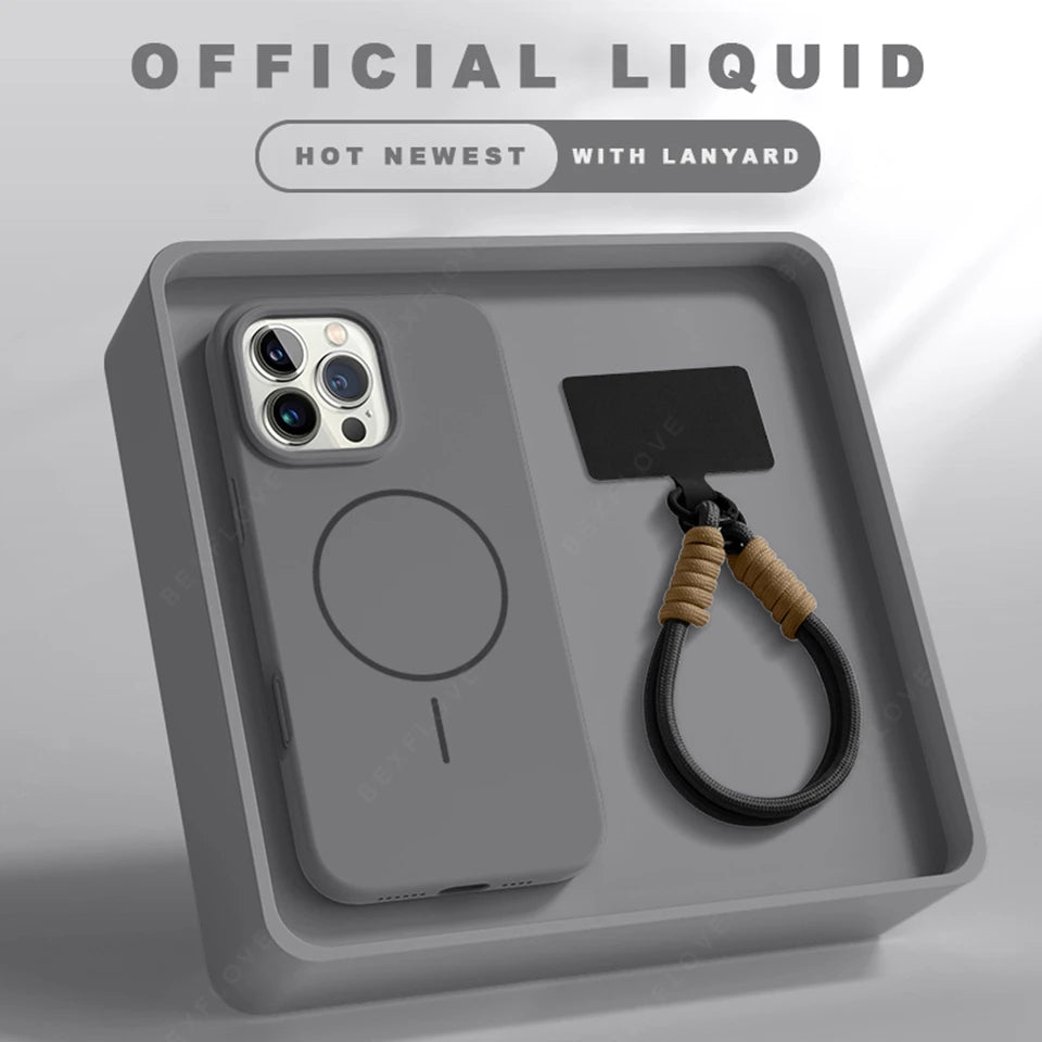 Premium Magnetic Case for iPhone 15/14/13/12/11 Series - Silicone MagSafe Cover with Detachable Lanyard