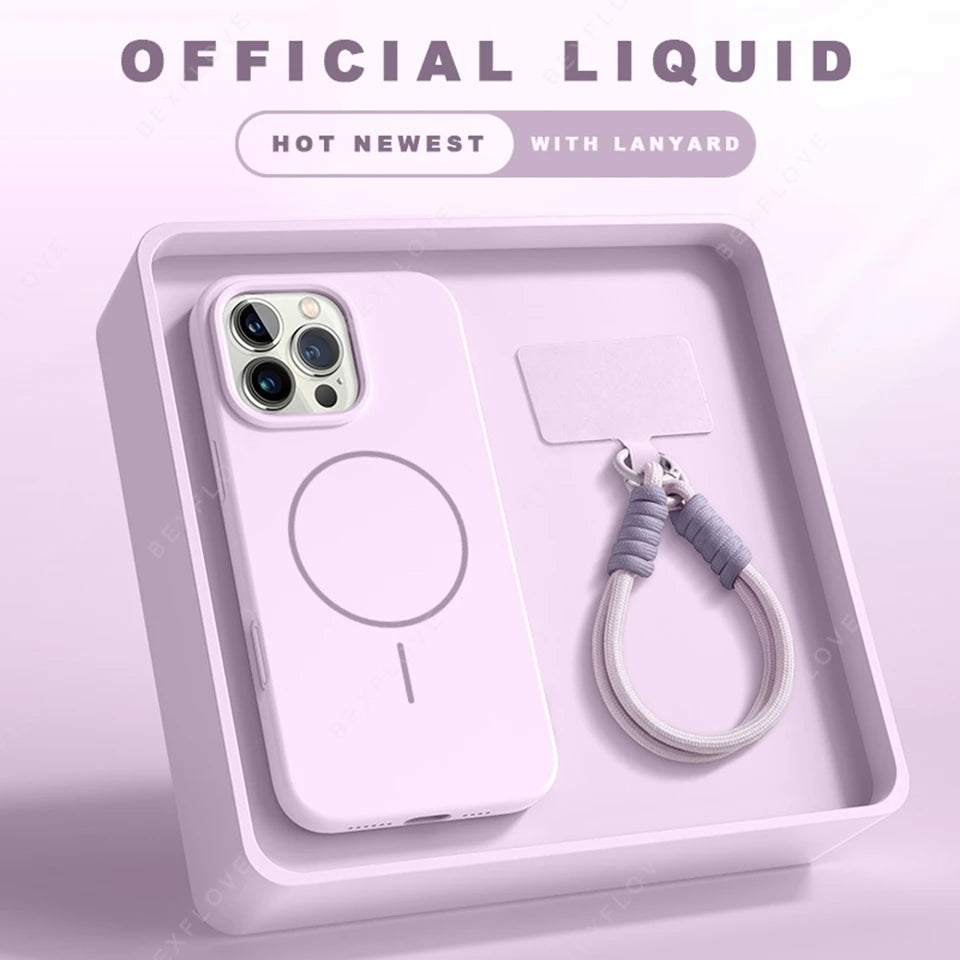 Premium Magnetic Case for iPhone 15/14/13/12/11 Series - Silicone MagSafe Cover with Detachable Lanyard