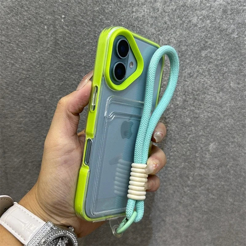 Transparent Card Holder Lanyard Case – Shockproof Bumper Cover for iPhone 11–16 Series