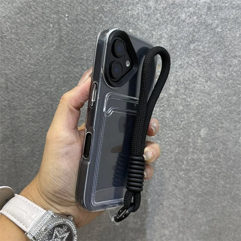 Transparent Card Holder Lanyard Case – Shockproof Bumper Cover for iPhone 11–16 Series