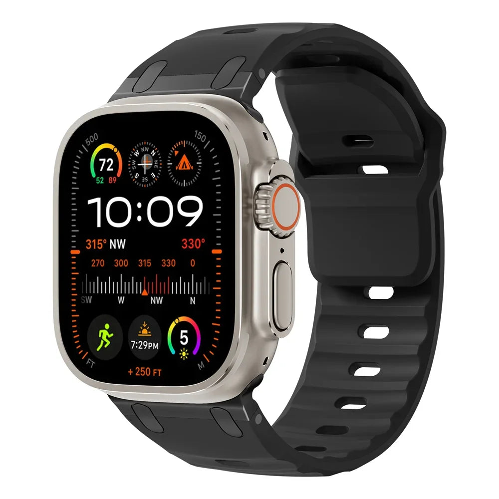 Premium Sport Silicone Band for Apple Watch Ultra 2, Series 9/8/7/SE – 49mm 45mm 44mm 46mm – Stainless Steel Strap
