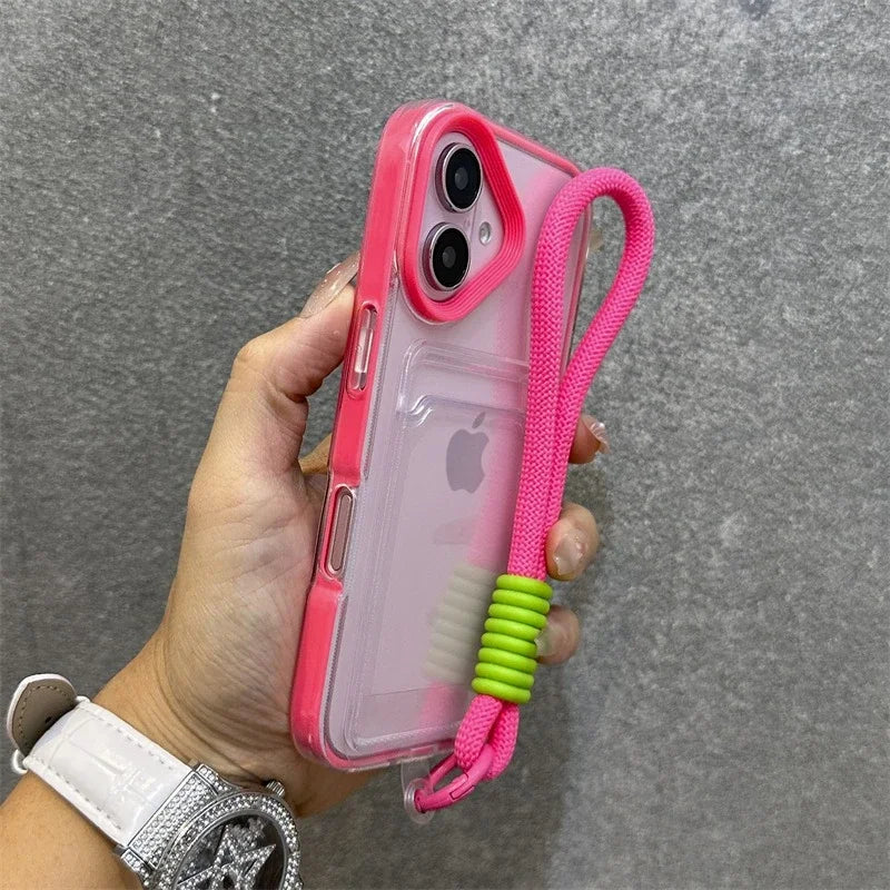 Transparent Card Holder Lanyard Case – Shockproof Bumper Cover for iPhone 11–16 Series