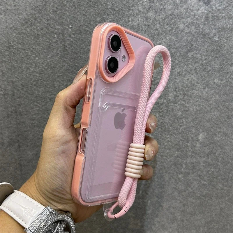 Transparent Card Holder Lanyard Case – Shockproof Bumper Cover for iPhone 11–16 Series