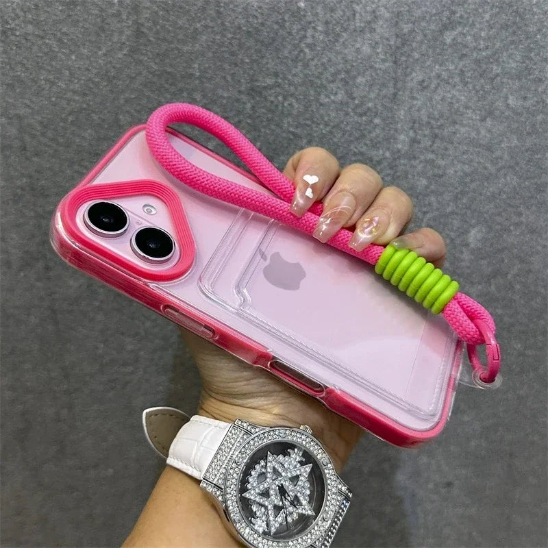 Transparent Card Holder Lanyard Case – Shockproof Bumper Cover for iPhone 11–16 Series
