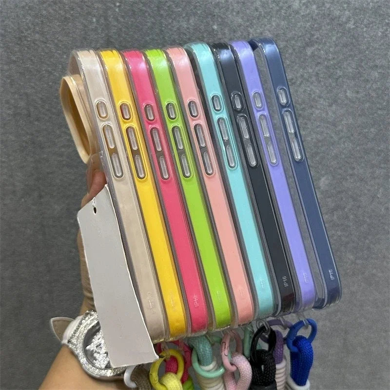 Transparent Card Holder Lanyard Case – Shockproof Bumper Cover for iPhone 11–16 Series
