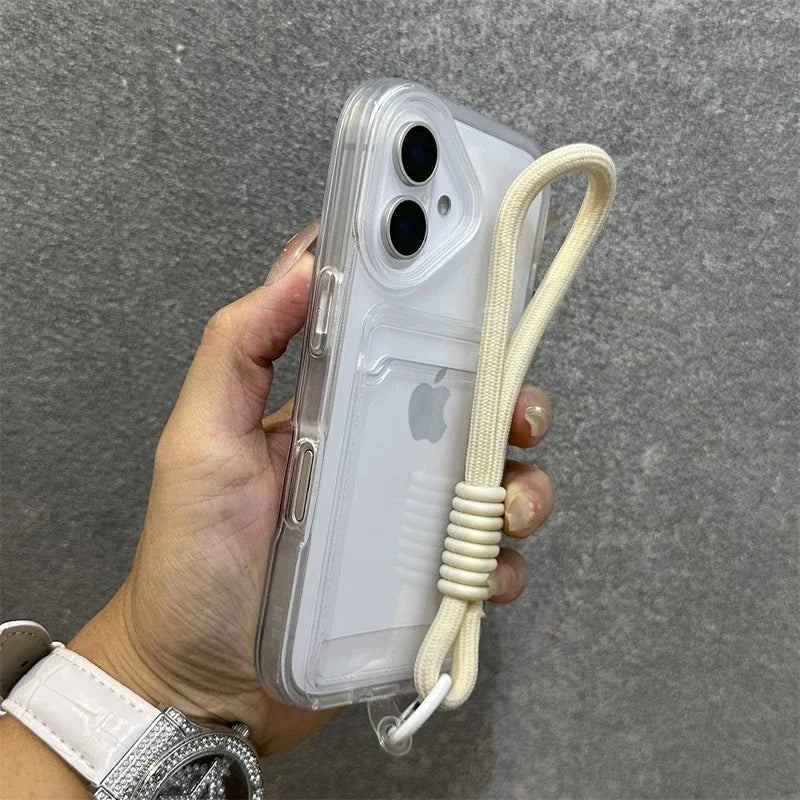 Transparent Card Holder Lanyard Case – Shockproof Bumper Cover for iPhone 11–16 Series