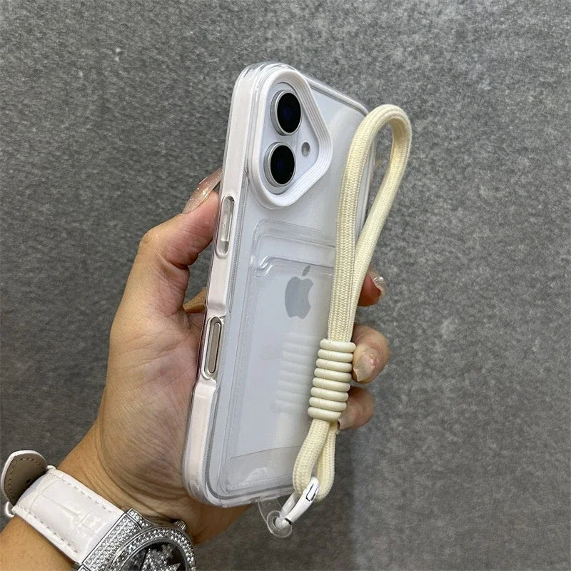 Transparent Card Holder Lanyard Case – Shockproof Bumper Cover for iPhone 11–16 Series
