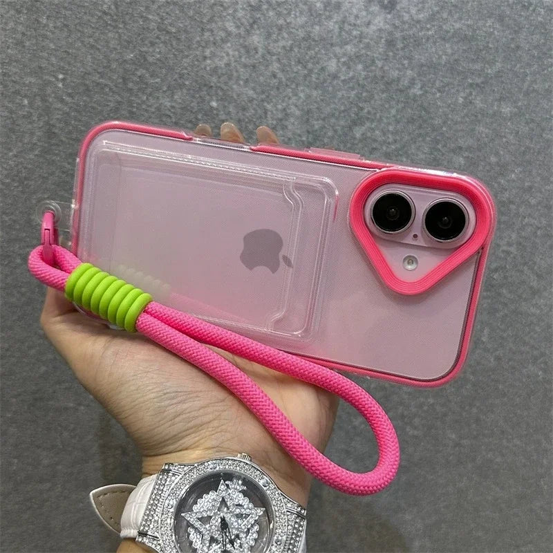 Transparent Card Holder Lanyard Case – Shockproof Bumper Cover for iPhone 11–16 Series