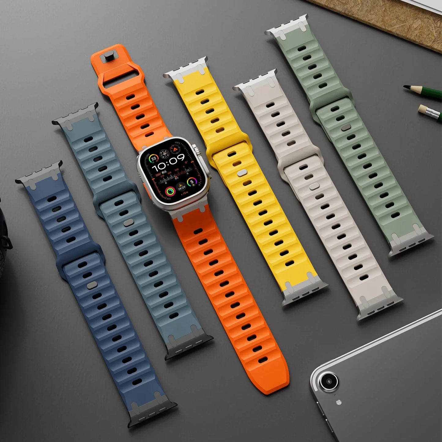 Premium Sport Silicone Band for Apple Watch Ultra 2, Series 9/8/7/SE – 49mm 45mm 44mm 46mm – Stainless Steel Strap