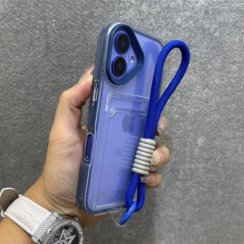 Transparent Card Holder Lanyard Case – Shockproof Bumper Cover for iPhone 11–16 Series